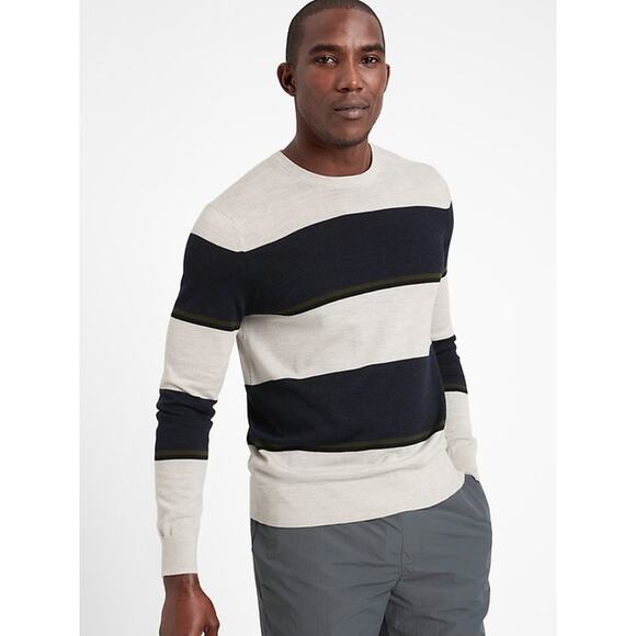 Banana Republic Merino Wool Sweater Men Size XL Stripe Light Work Classic Preppy - Picture 1 of 9